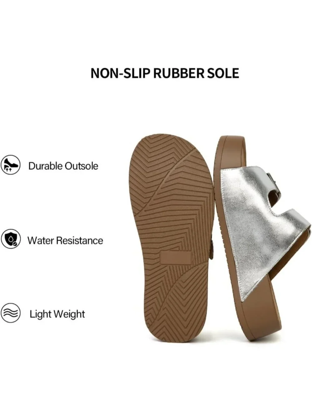 Women's Silver Genuine Leather Slip on Beach Slide Buckle Platform Sandal Shoes